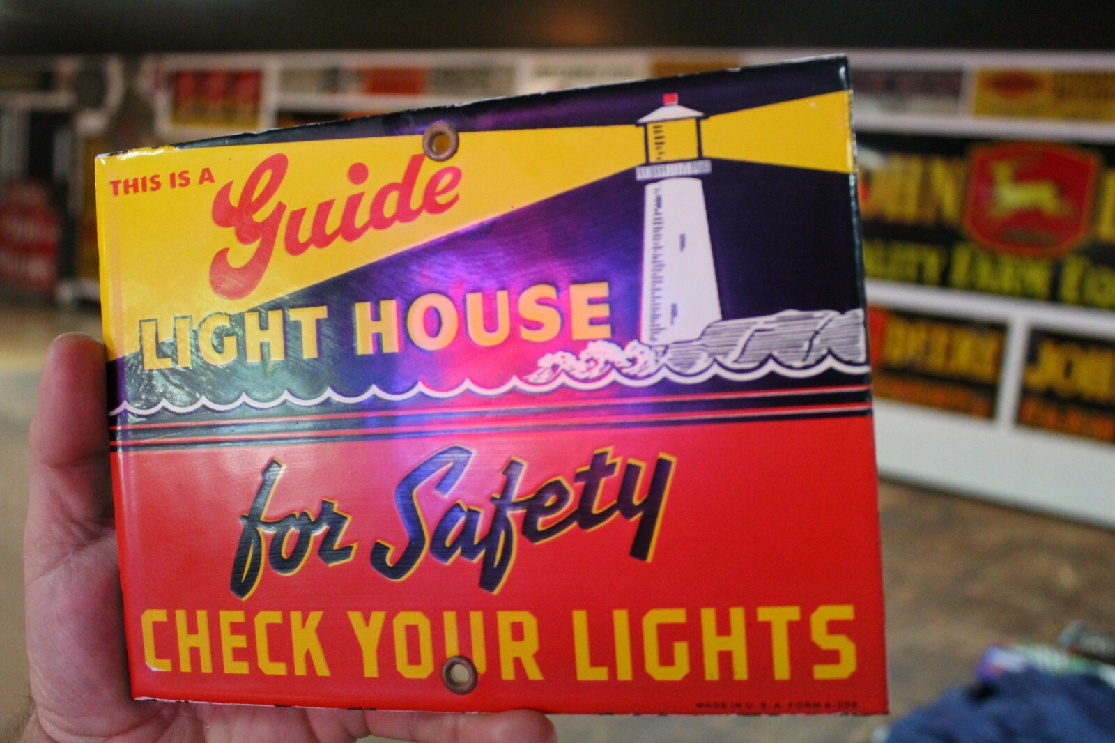 GUIDE LIGHTHOUSE FOR SAFETY SIGN PORCELAIN METAL SIGN CHECK LIGHTS SERVICE GAS