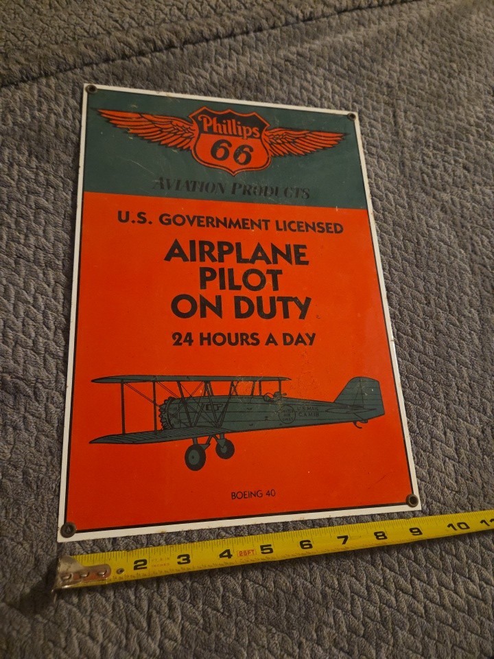 PHILLIPS 66 AVIATION PILOT ON DUTY PORCELAIN AIRPLANE SIGN VINTAGE STYLE