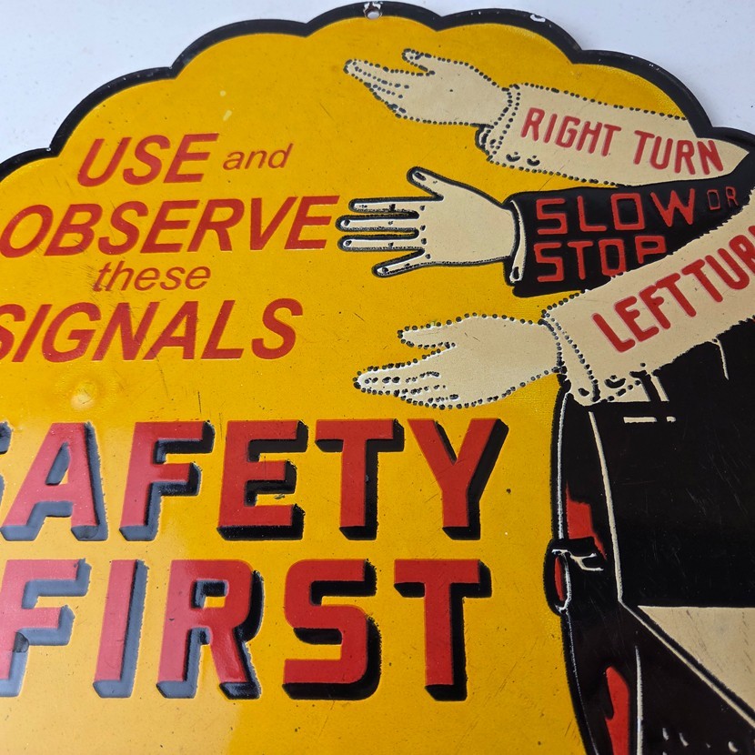 Vintage Shell Gasoline Sign – Safety First Porcelain Gas Pump Plate Sign