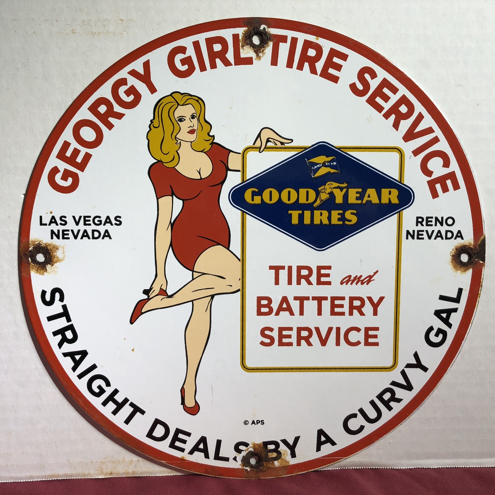 VINTAGE GEORGY GIRL GOODYEAR TIRE SERVICE PORCELAIN TIRES GAS OIL PIN UP SIGN