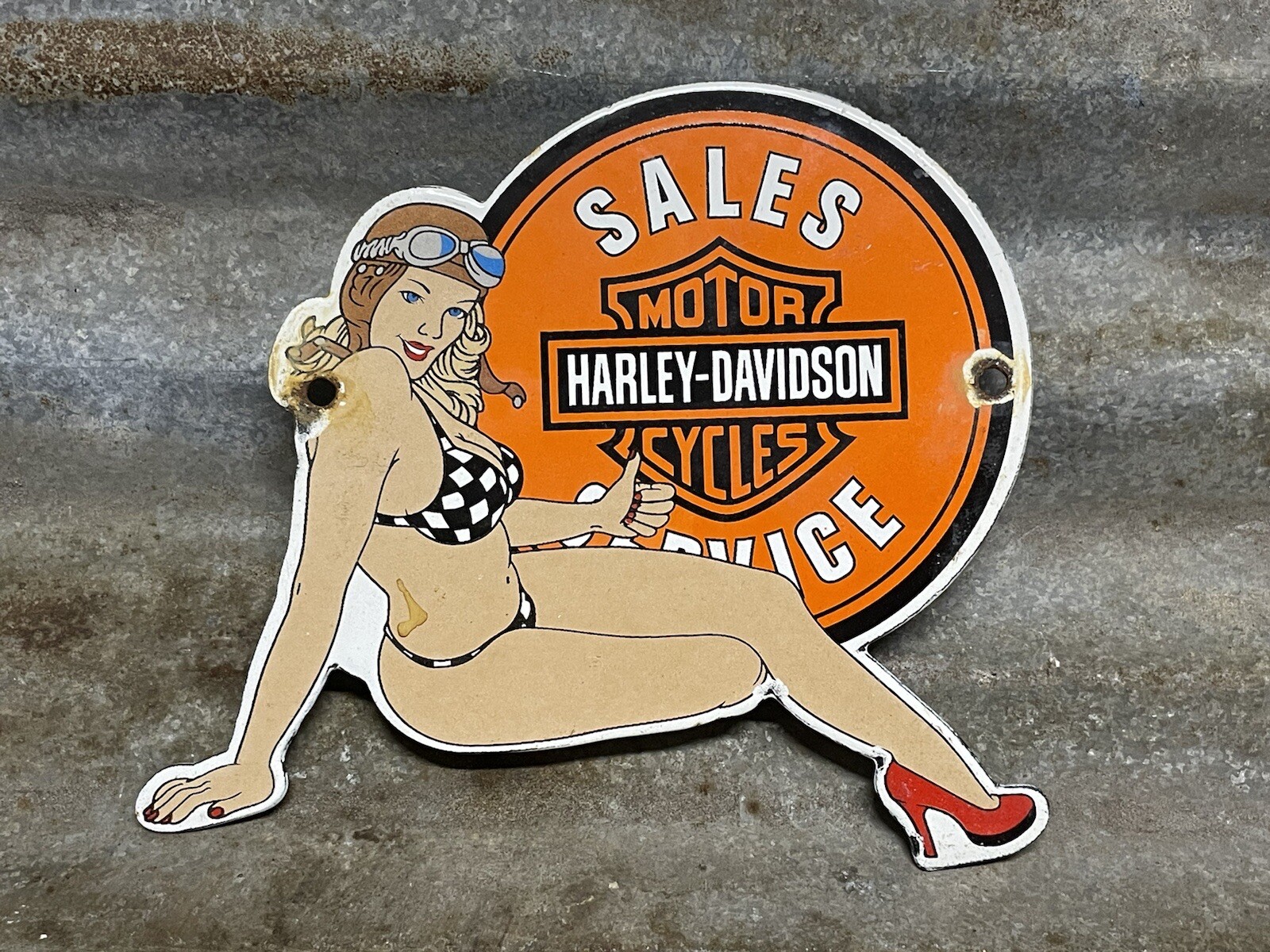 VINTAGE MOTORCYCLE PORCELAIN HARLEY DAVIDSON SIGN SALES GIRL SERVICE GAS PUMP