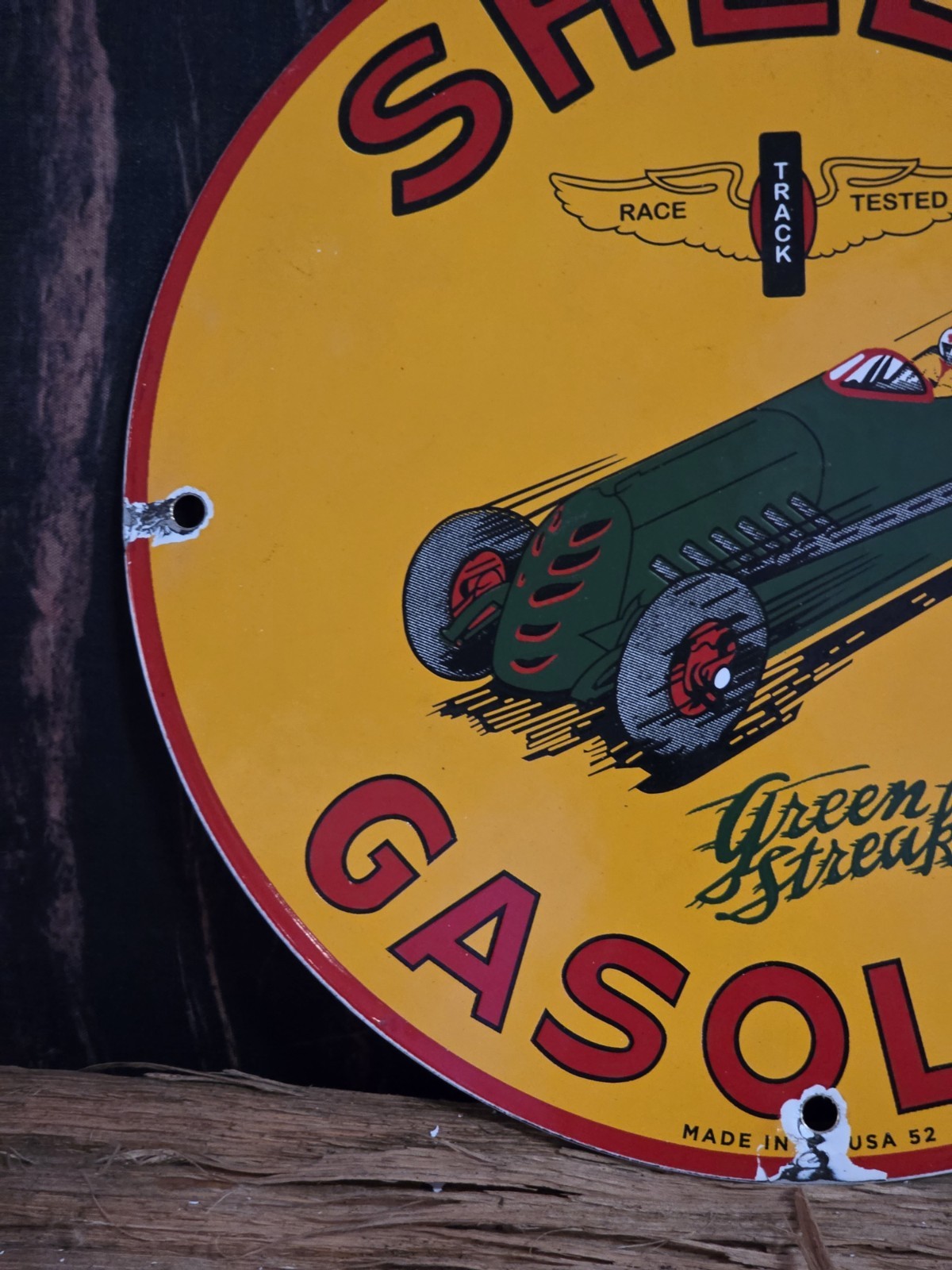 VINTAGE SHELL GASOLINE GREEN STREAK PORCELAIN SIGN RACE CAR MOTOR OIL 10″