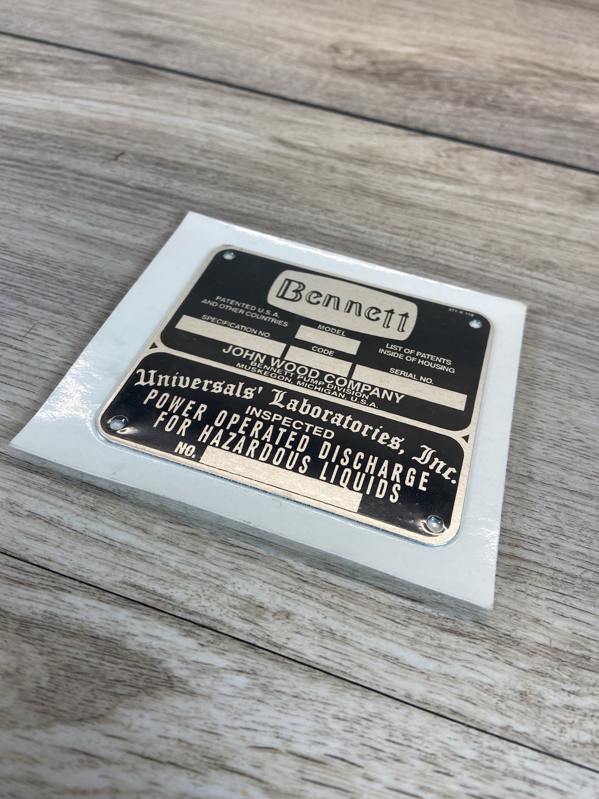 Vintage Bennett Gas Pump Identification Plate J Wood Universal Laboratories NOS