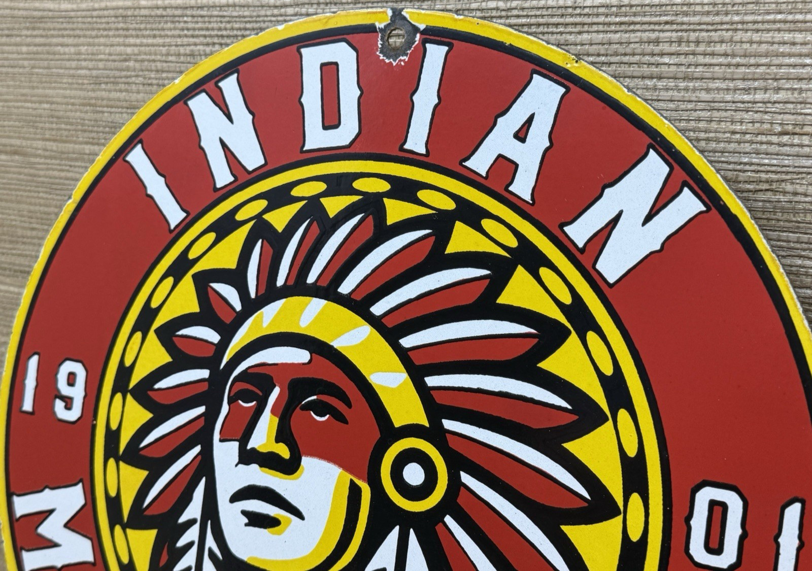 VINTAGE INDIAN MOTORCYCLES PORCELAIN SIGN DEALERSHIP MOTOR BIKE HARLEY GAS OIL