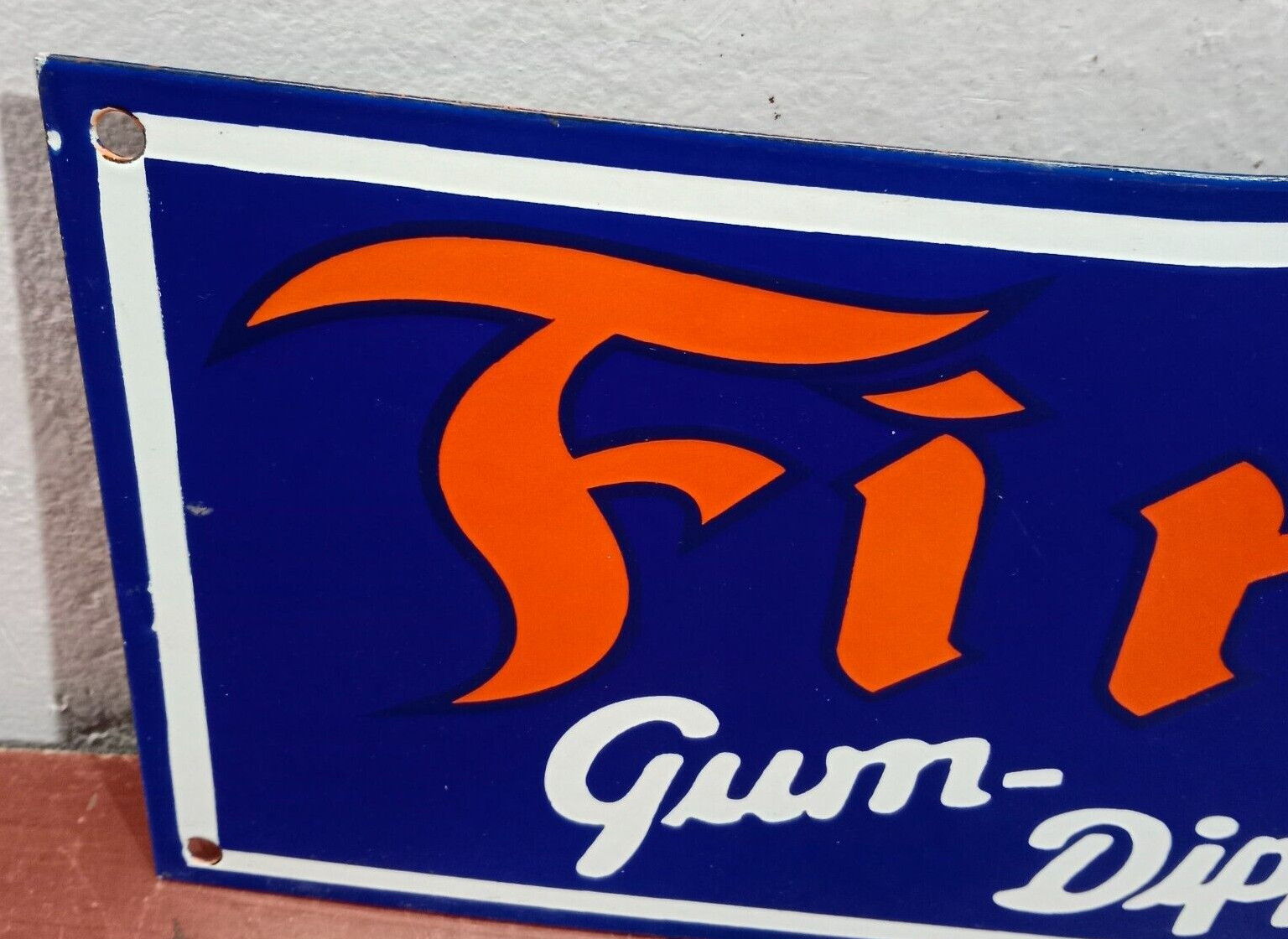 Firestone Gum Dipped Tires Porcelain Enamel Sign 28 x 12 Inches 1 Sided