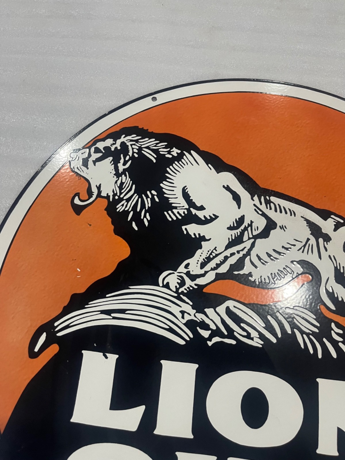 LION OILS & GAS PORCELAIN ENAMEL SIGN 30″ DSP.