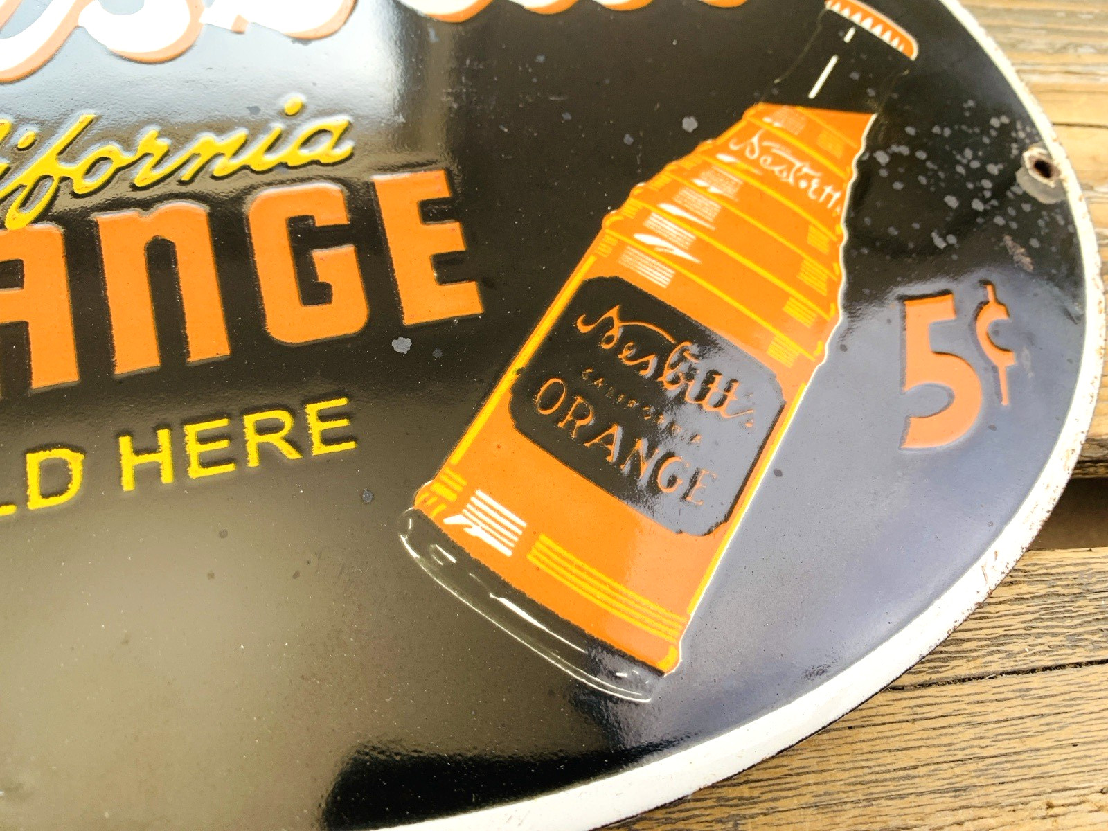 VINTAGE 12×9″ NESBITT’S California ORANGE SODA POP 5c GAS PORCELAIN OIL SIGN