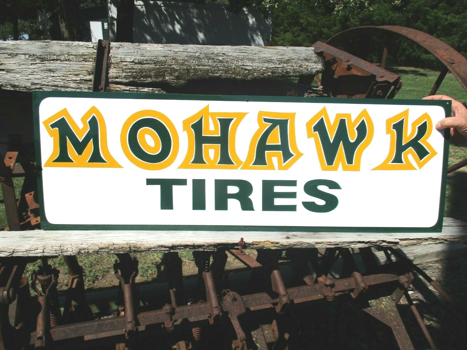 Large Vintage Hand Lettered Painted MOHAWK TIRES Farm Tractor Gas Oil Metal Sign