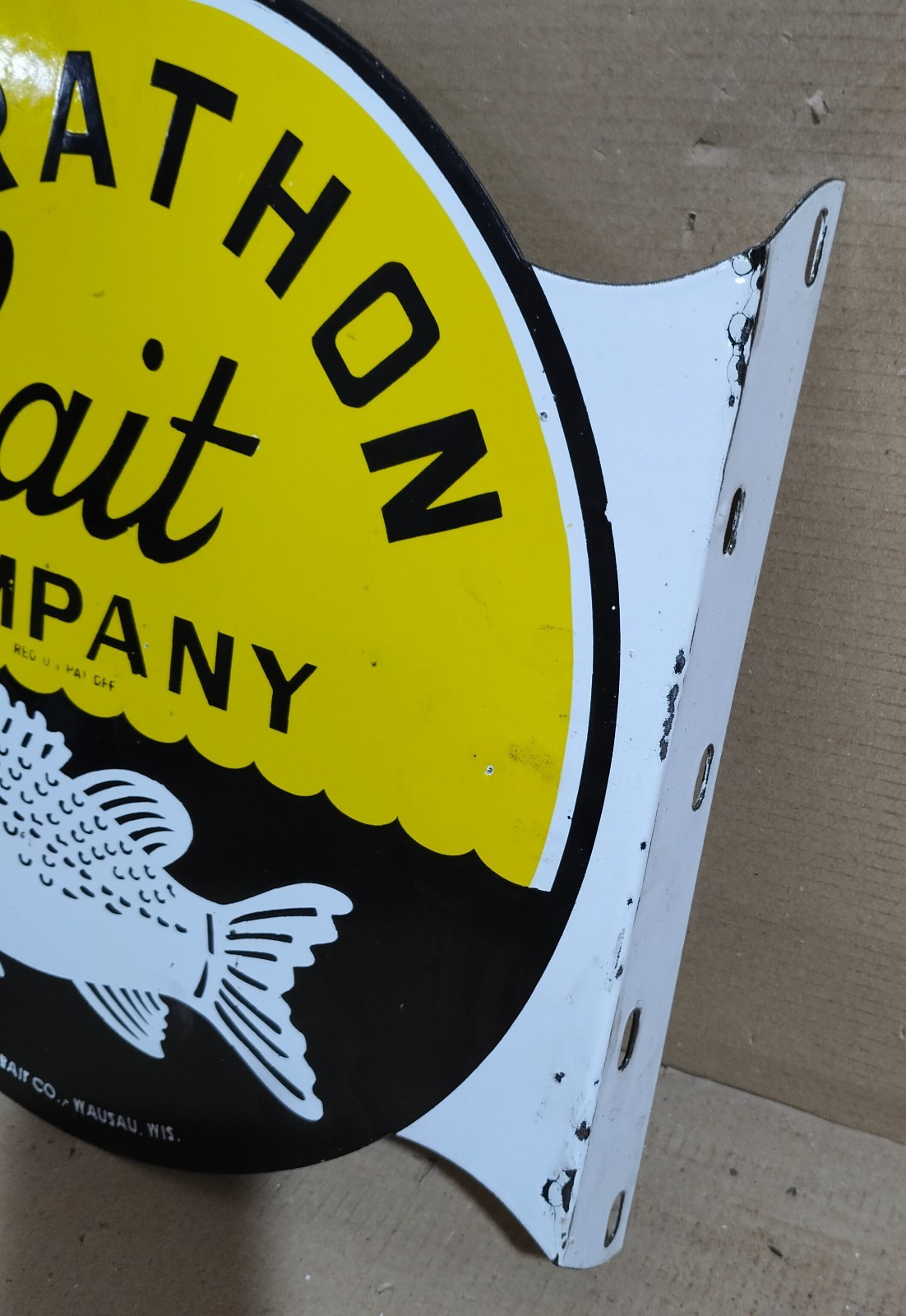 Marathon Bait Company Porcelain Enamel Sign 19.5 x 17 Inches 2 Sided