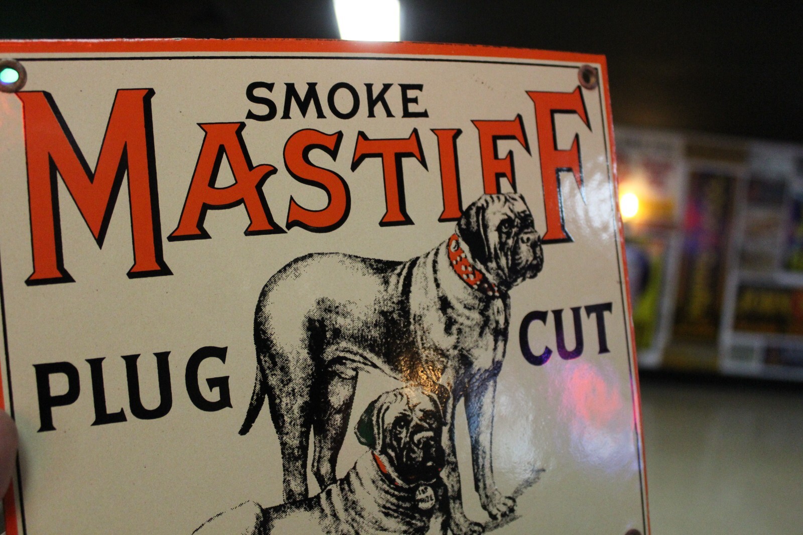 RARE SMOKE MASTIFF PLUG TOBACCO DEALER PORCELAIN METAL SIGN DOG CHEWING INDIAN