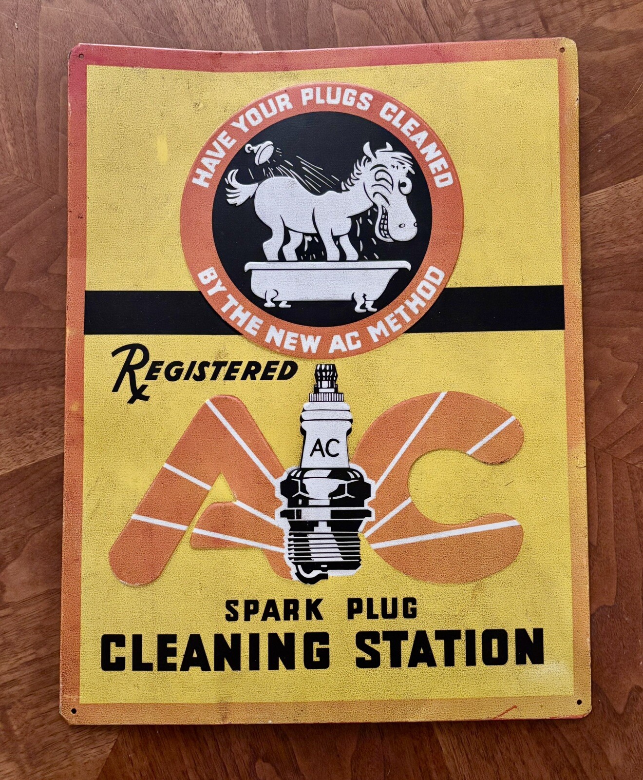 1940s AC Spark Plug Cleaning Station Tin Litho Sign 17.5” X 13.5”