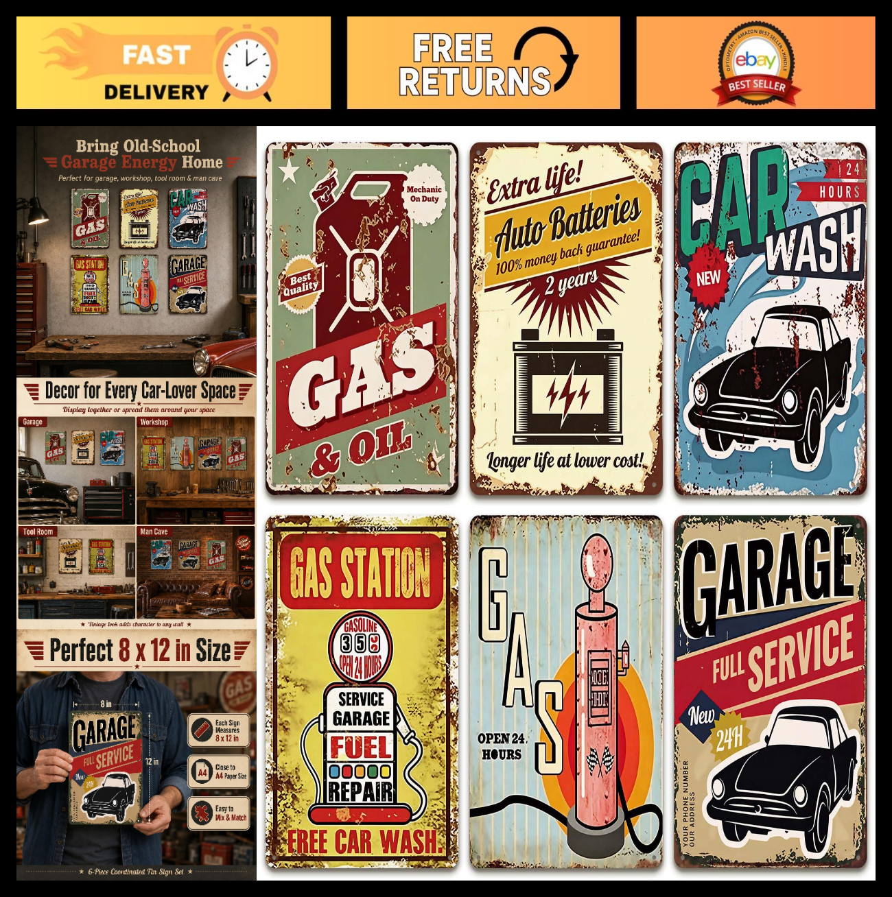 6 Pcs Vintage Gas Station Tin Signs – 8×12 Retro Metal Wall Art for Garage, Man