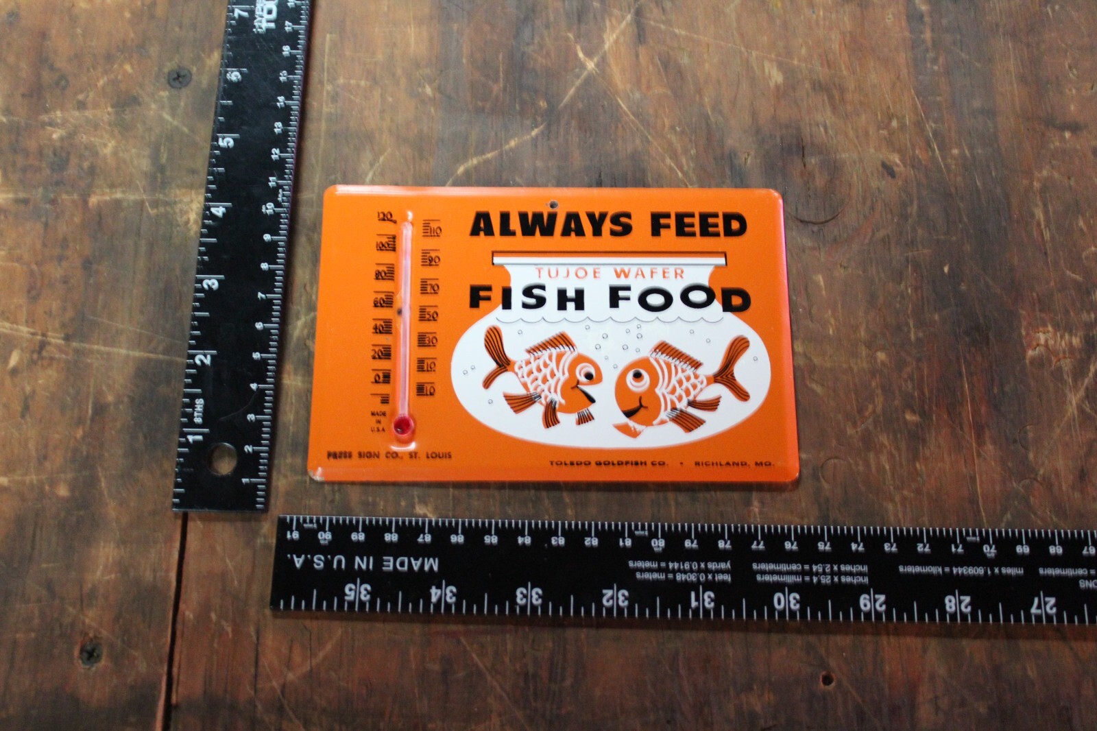 RARE 1950s TUJOE WATER FISH FOOD DEALER STAMPED PAINTED METAL SIGN PET STORE MO