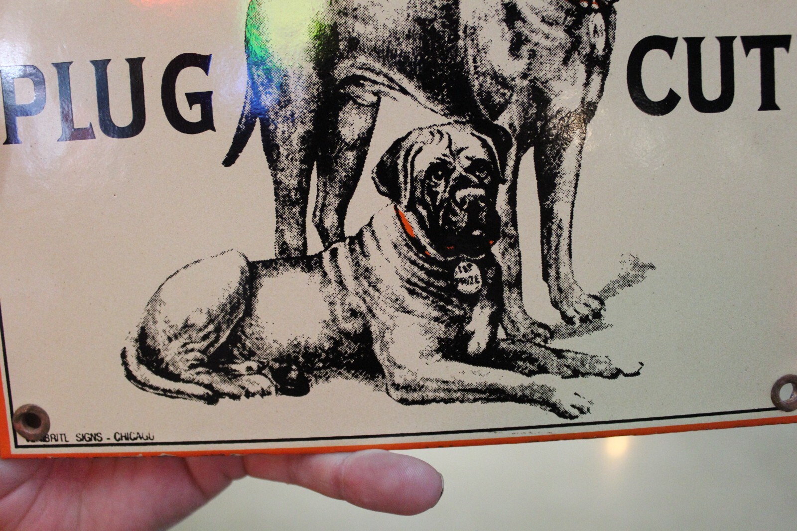 RARE SMOKE MASTIFF PLUG TOBACCO DEALER PORCELAIN METAL SIGN DOG CHEWING INDIAN