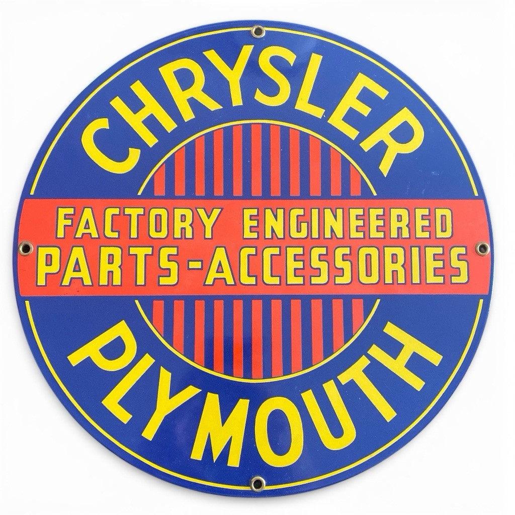 VINTAGE 11 in CHRYSLER PLYMOUTH PARTS ADV. SIGN METAL PORCELAIN