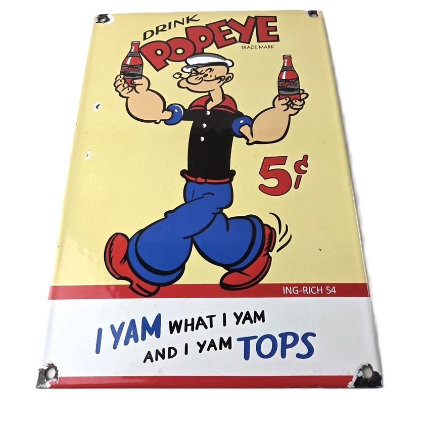 Vintage Popeye Porcelain Sign – Drink 5¢ I Yam What I Yam Sign