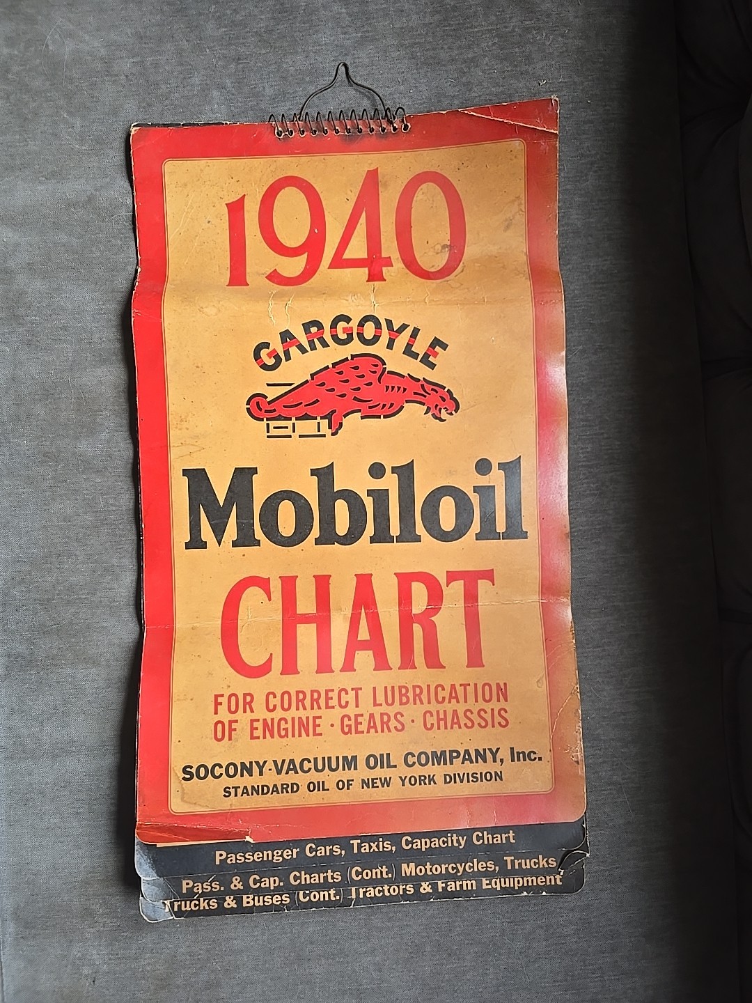 1940 Gargoyle Mobiloil Cabinet Paper Sign Authorized Service Oil Chart RARE