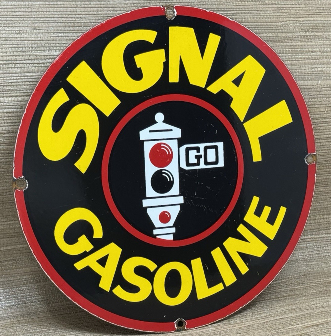 VINTAGE SIGNAL GASOLINE PORCELAIN SIGN: Gas Station Motor Oil Pump Plate