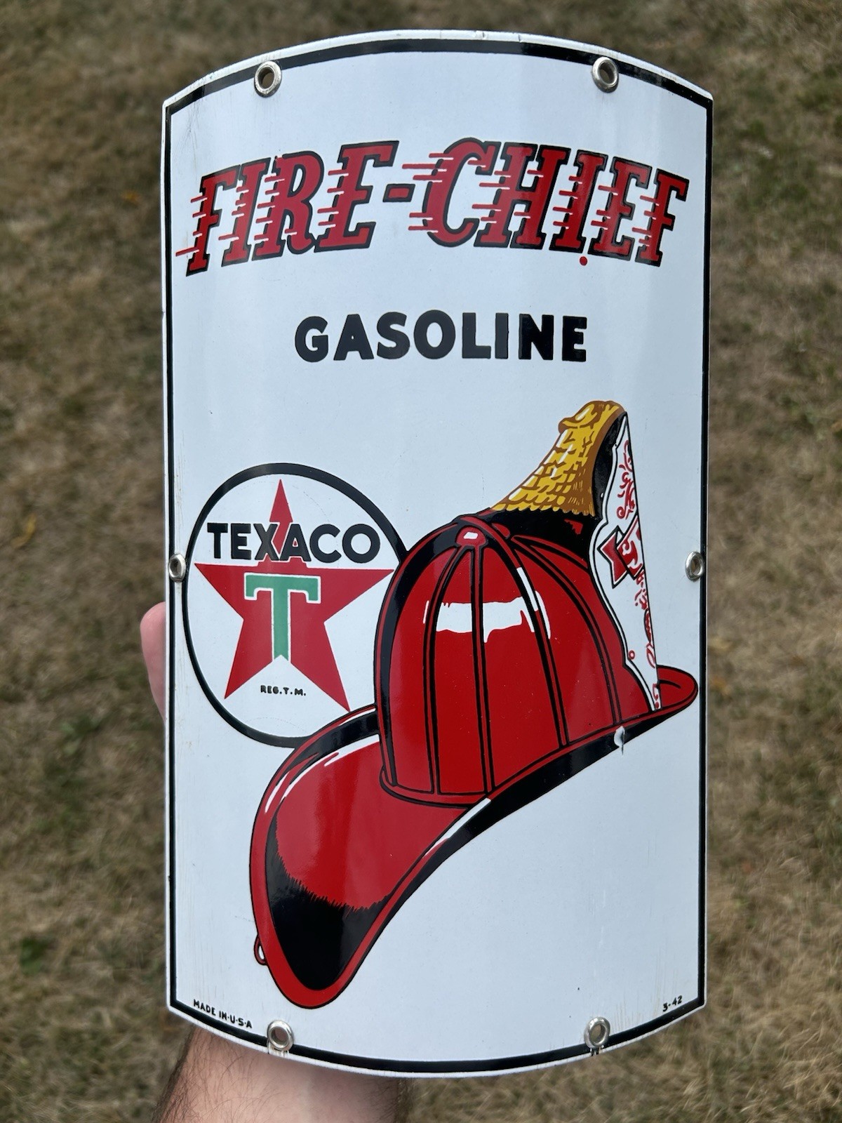 Original Texaco Fire Chief Curved Porcelain Pump Plate Sign Small Size Rare