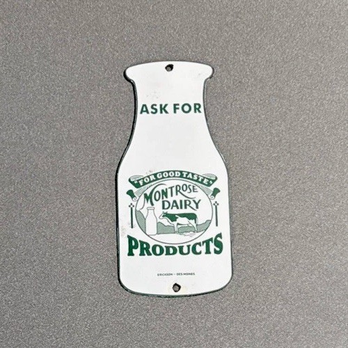 VINTAGE MONTROSE MILK BOTTLE FARM PORCELAIN SIGN CAR GAS MOTORCYCLE TRUCK OIL