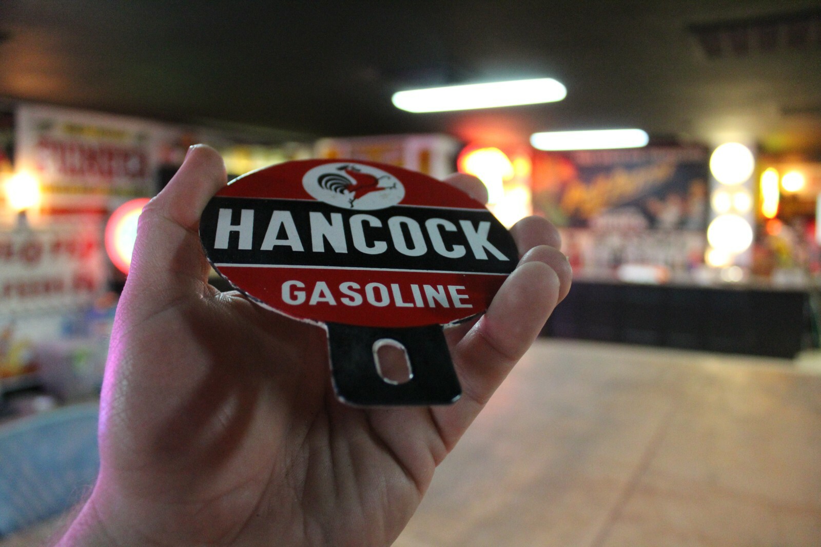 HANCOCK GASOLINE PORCELAIN METAL PLATE TOPPER SIGN GARAGE SERVICE DEALER 66