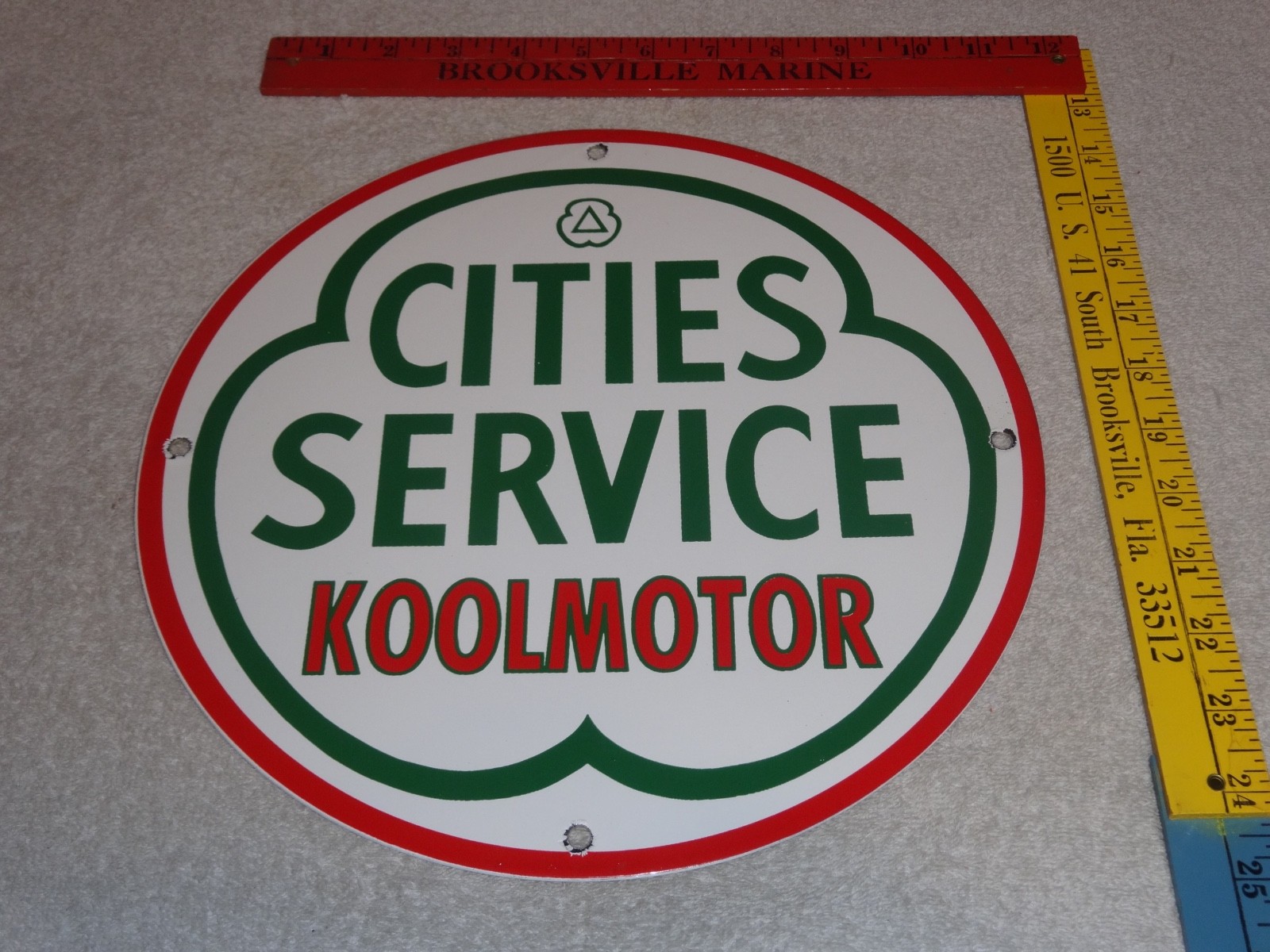 VINTAGE CITIES SERVICE KOOLMOTOR GASOLINE 11 3/4″ PORCELAIN METAL GAS OIL SIGN!