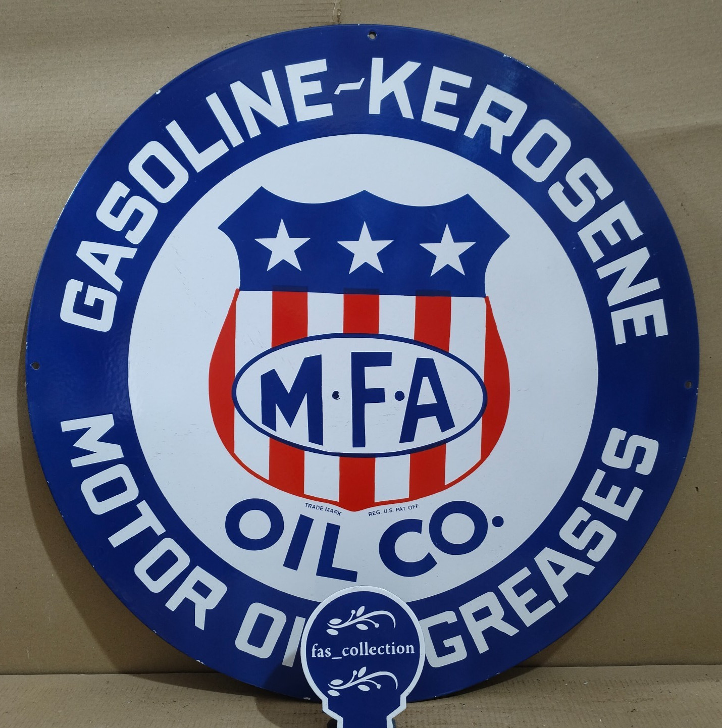 M.F.A Gasoline Motor Oil porcelain Enamel Sign 30 x 30 Inches 1 Sided
