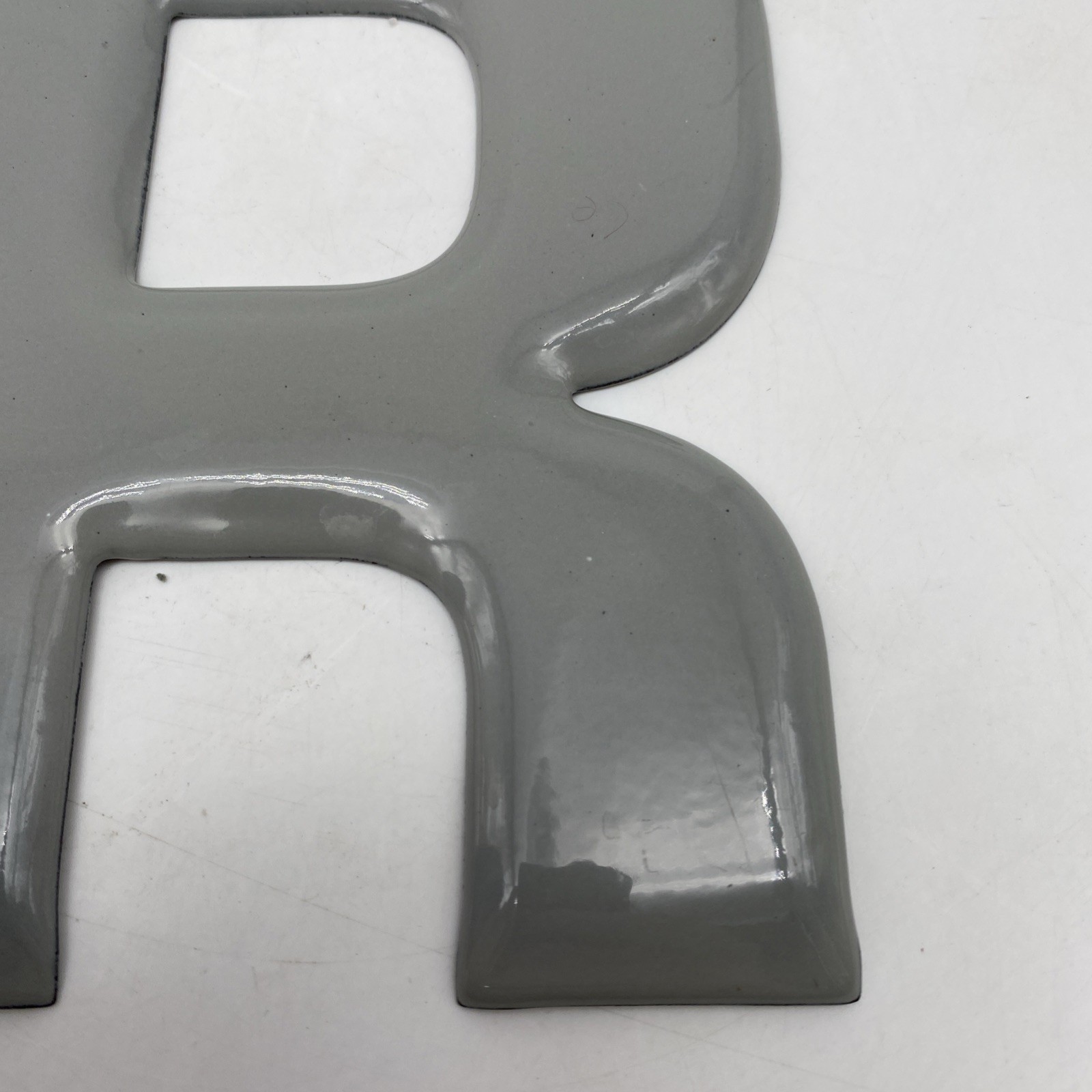 Vintage gray Porcelain Letter “R” Metal enamel 5.75” 5 3/4” grey