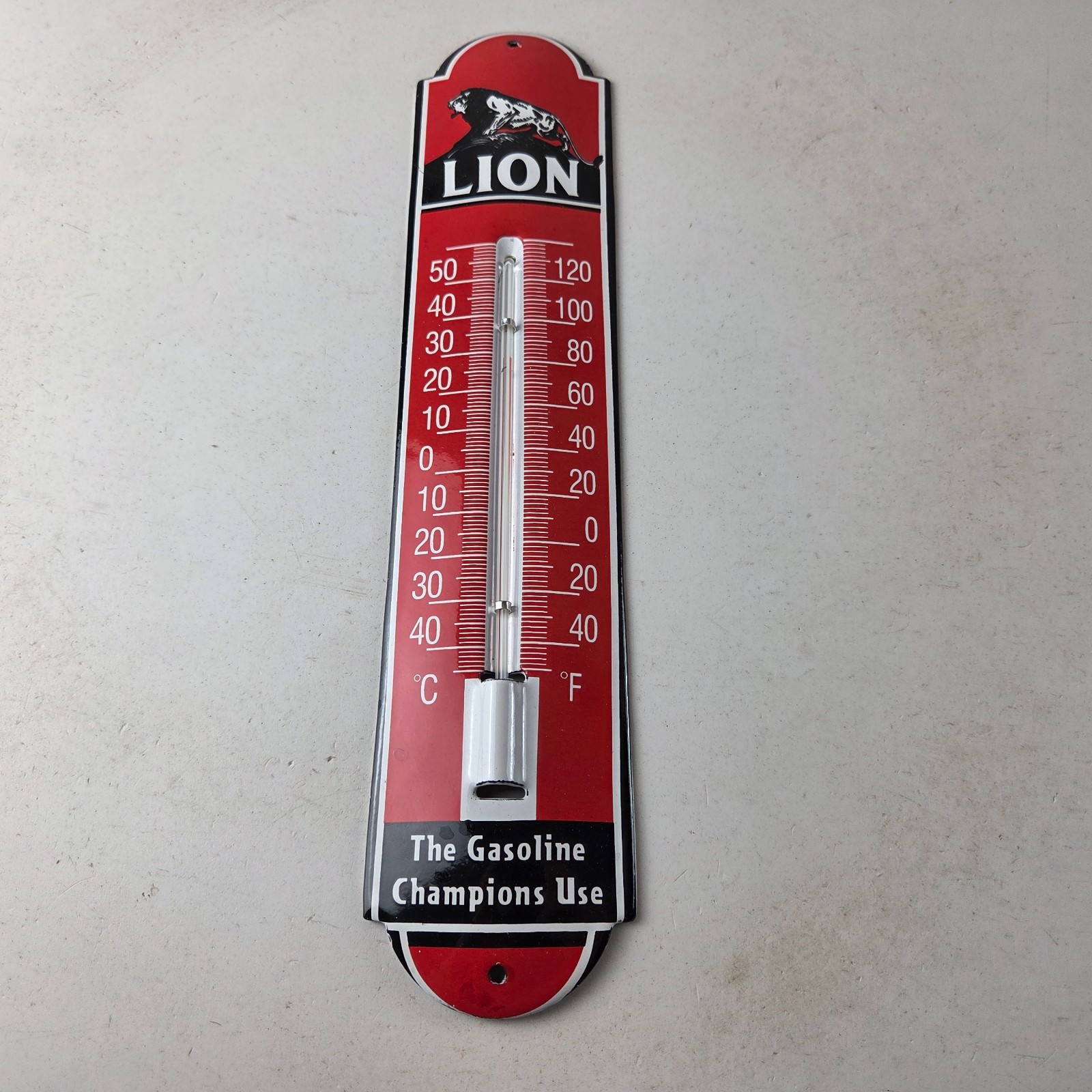 Vintage Lion Gas Sign – Service Station Pump Ad Sign on Porcelain Thermometer