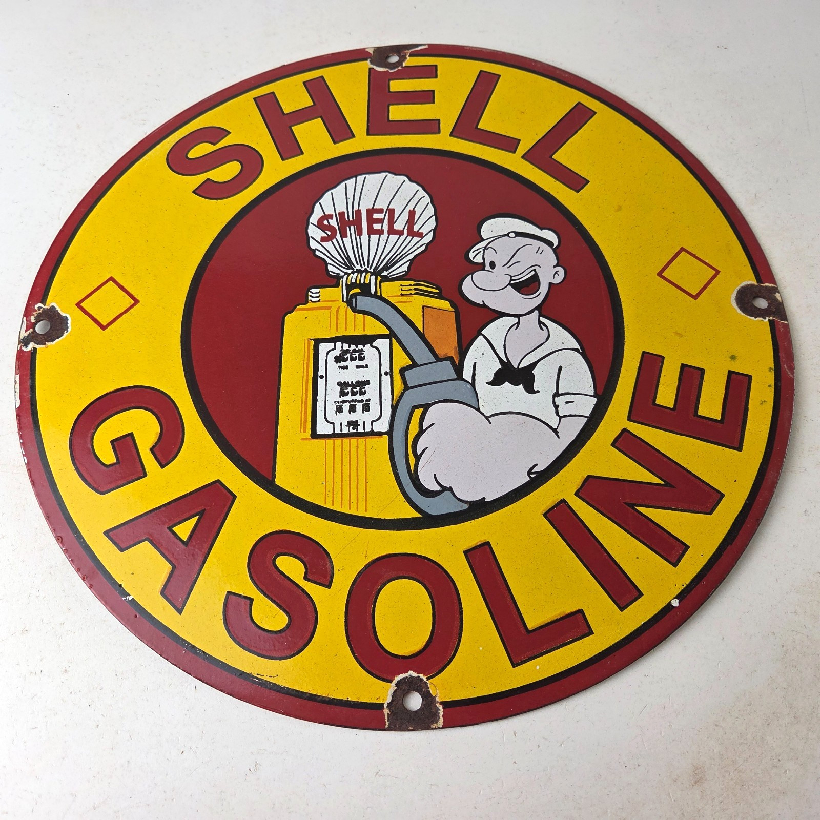Vintage Shell Gasoline Sign – Popeye Gas Service Station Porcelain Sign
