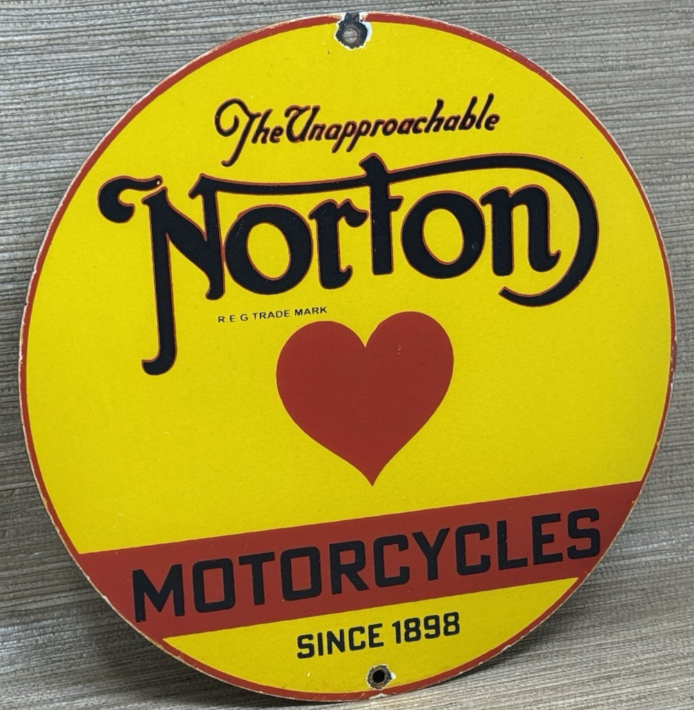 VINTAGE NORTON MOTORCYCLES PORCELAIN SIGN GENERAL MOTORS DEALERSHIP GAS OIL