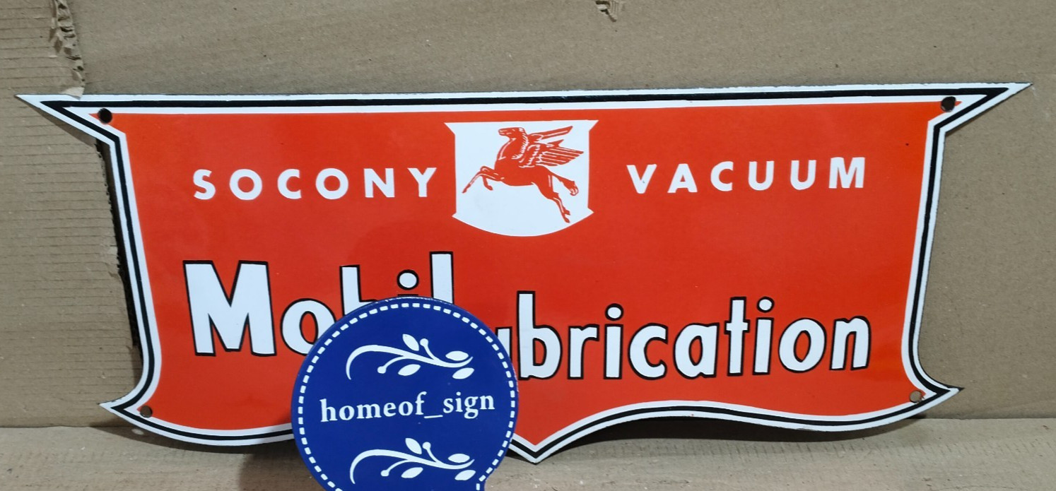 Socony vacuum Mobilubrication Porcelain Enamel Sign 25 x 10 Inches 1 Sides