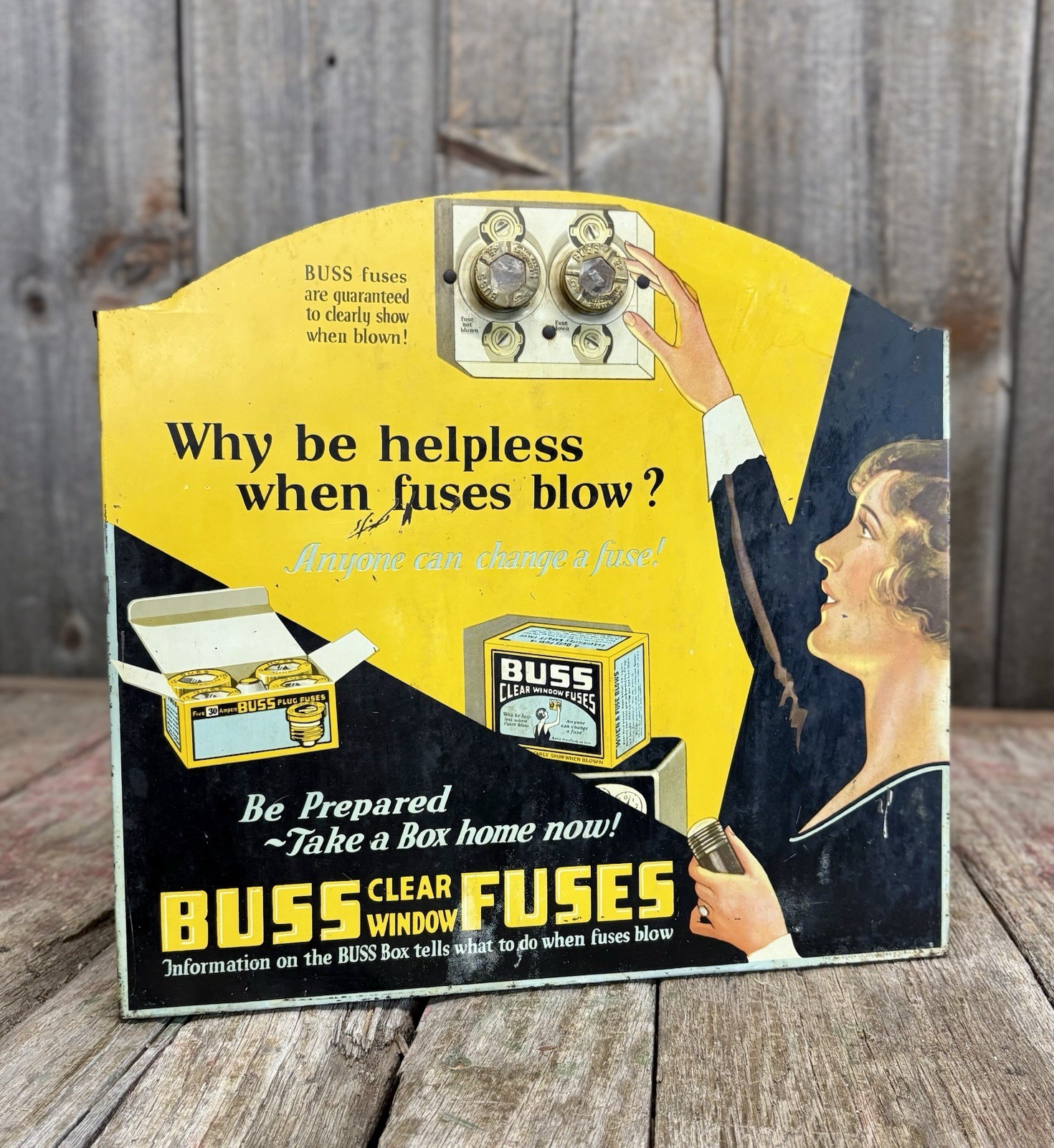 Antique 20s BUSS Fuses Counter Top Display Sign Cabinet RARE Cool Graphics 🔥