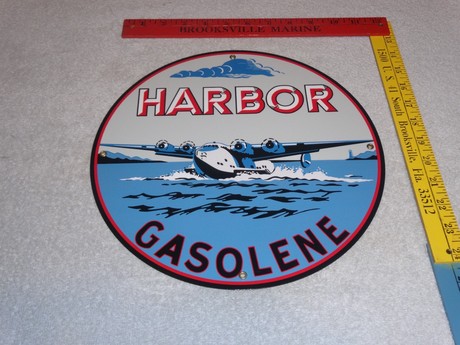 VINTAGE HARBOR GASOLINE AIRPLANE SEAPLANE 11 3/4″ PORCELAIN METAL GAS & OIL SIGN