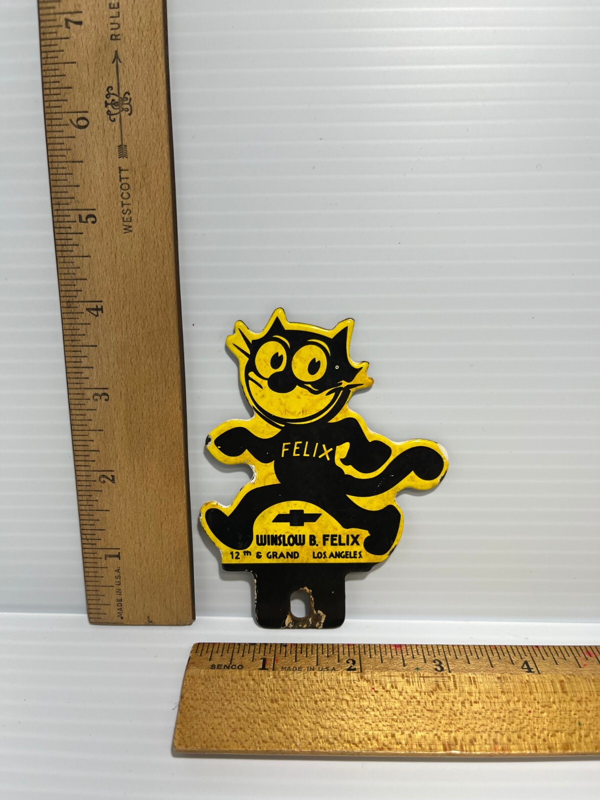 Vintage Chevrolet Porcelain Sign – Felix the Cat License Ad Topper Auto Gas Sign