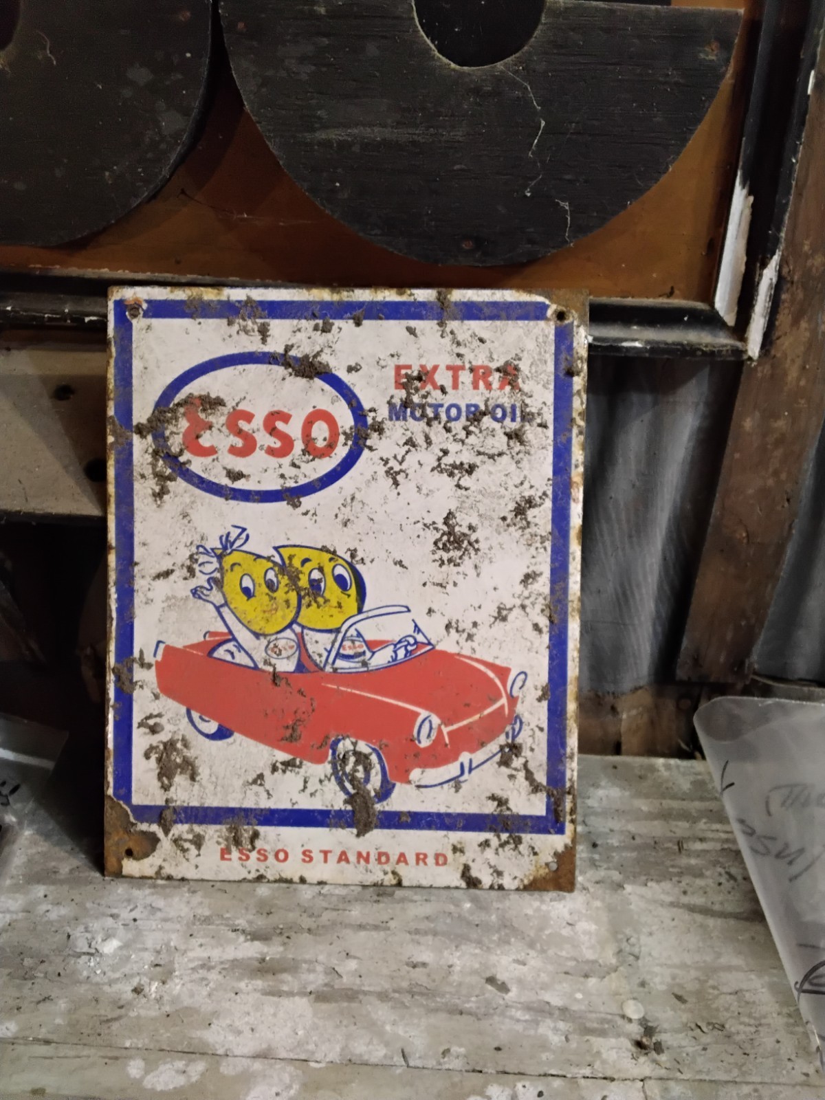 Porcelain Esso Car Drops Logo Sign Approx 10″x8″ Inches Over Steel Used Rust