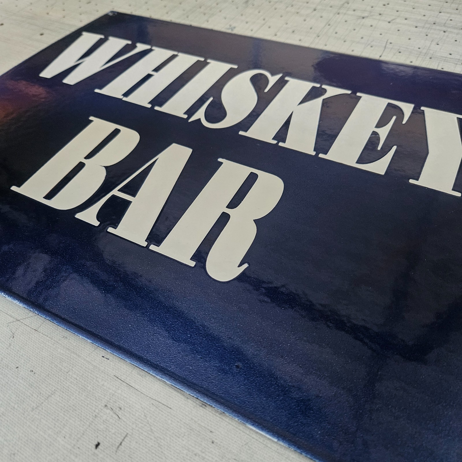 ORIGINAL PORCELAIN COBALT BLUE WHISKEY BAR GARAGE MAN CAVE DECOR 12.5″x16″ SIGN