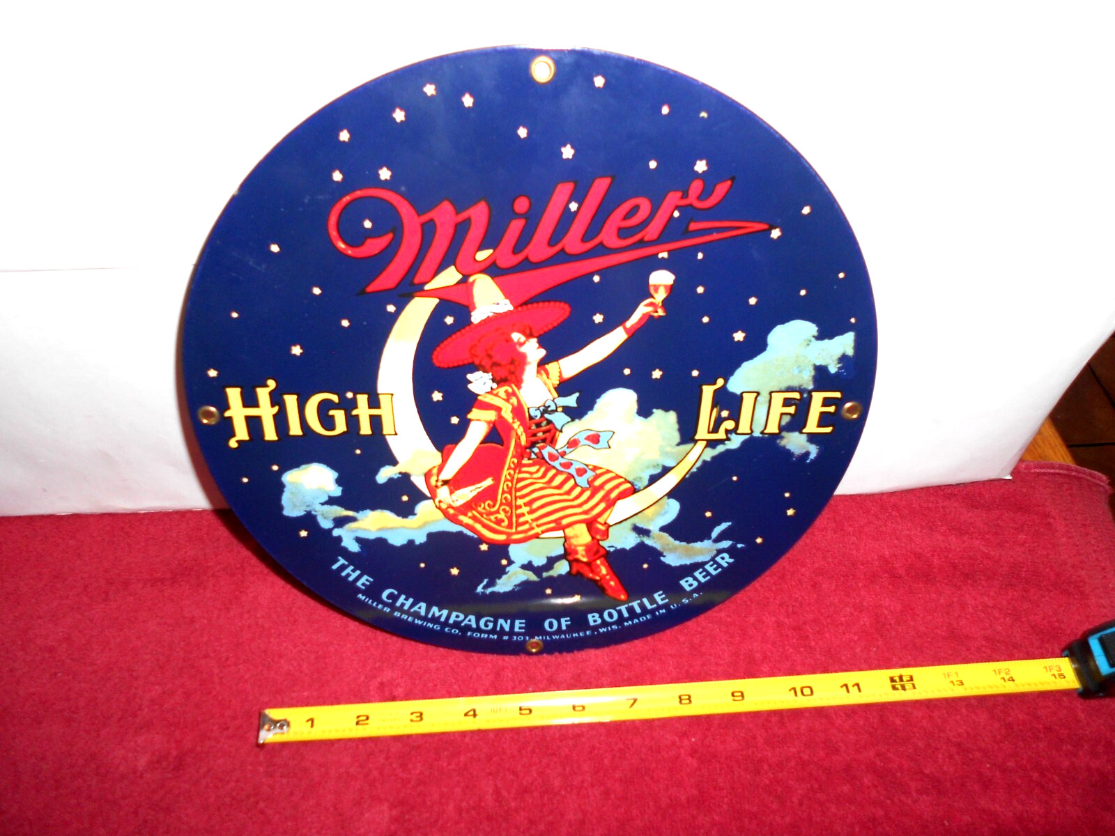 10 in MILLER HIGH LIFE BEER ADVERTISING SIGN DIE CUT METAL PORCELAIN – 946 E