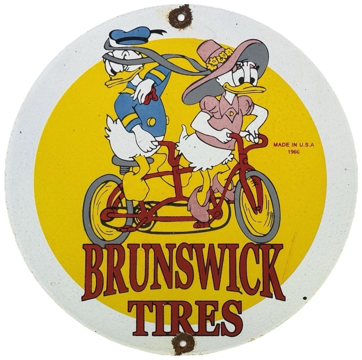 VINTAGE BRUNSWICK TIRES PORCELAIN SIGN GAS STATION DISNEY DONALD DUCK BICYCLE