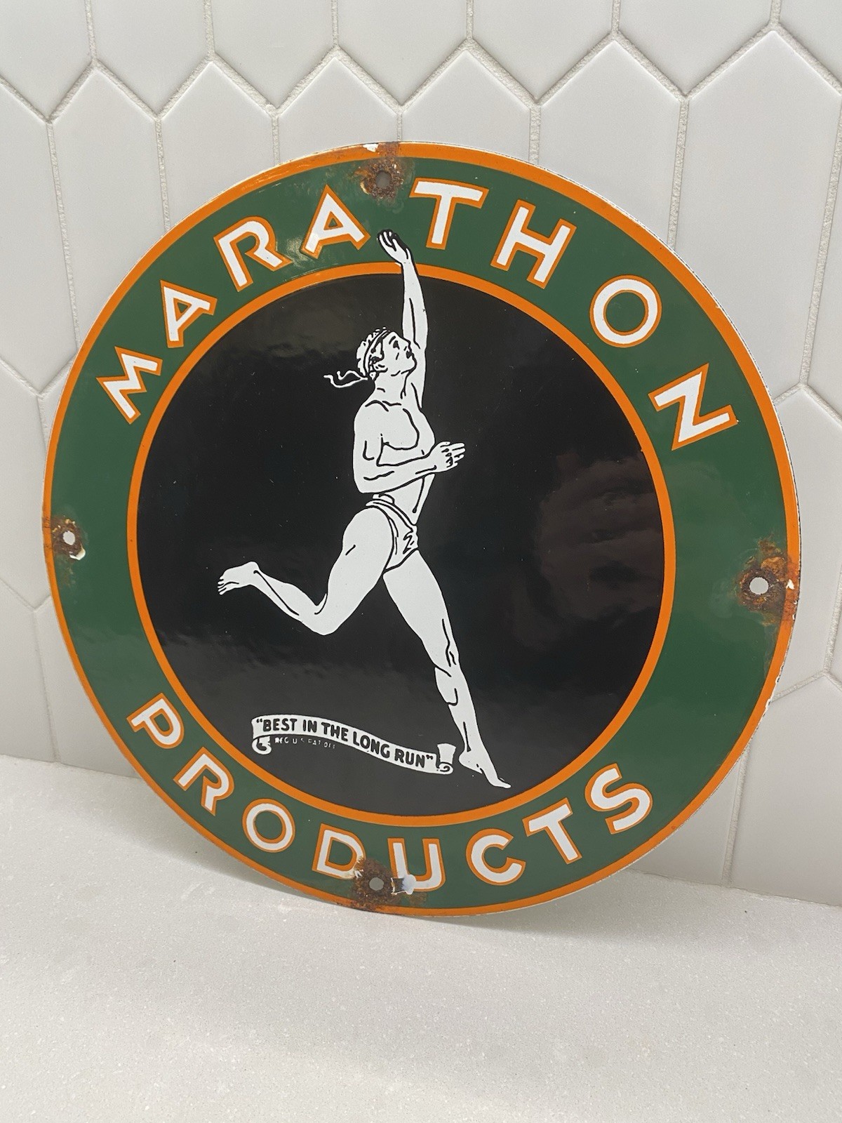 VINTAGE MARATHON GAS & OIL PRODUCTS 12″ PORCELAIN METAL CAR SIGN L👀K
