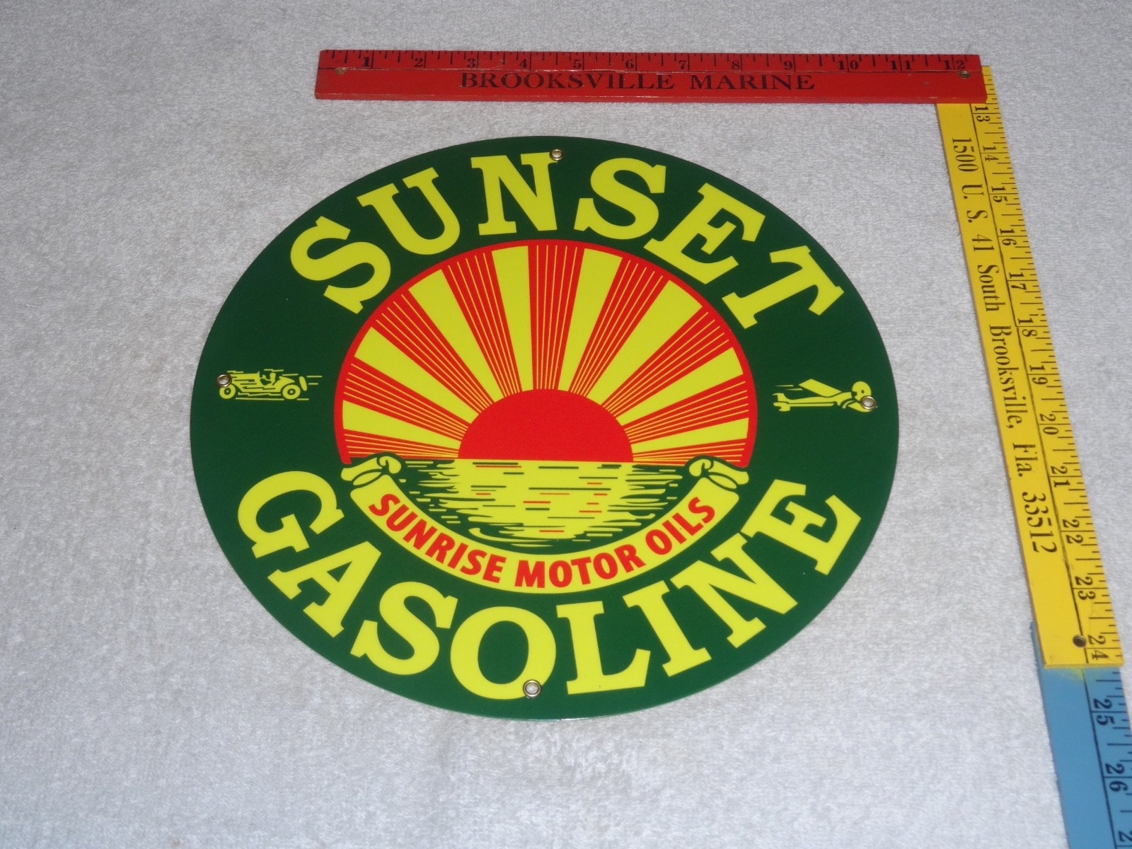 VINTAGE SUNRISE MOTOR OILS SUNSET GASOLINE 11 3/4″ PORCELAIN METAL AIRPLANE SIGN