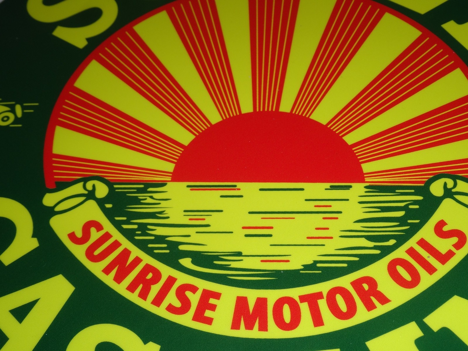 VINTAGE SUNRISE MOTOR OILS SUNSET GASOLINE 11 3/4″ PORCELAIN METAL AIRPLANE SIGN