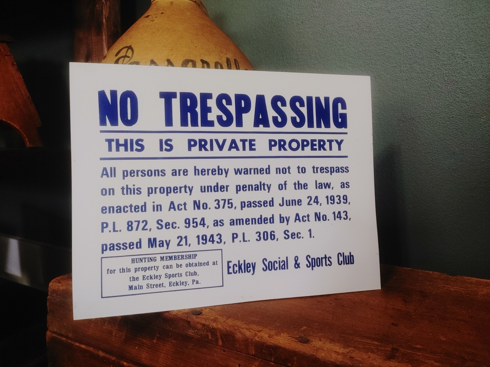 Original 1950s/60s Eckley Sports Club No Trespassing Sign, 12×9, Tin