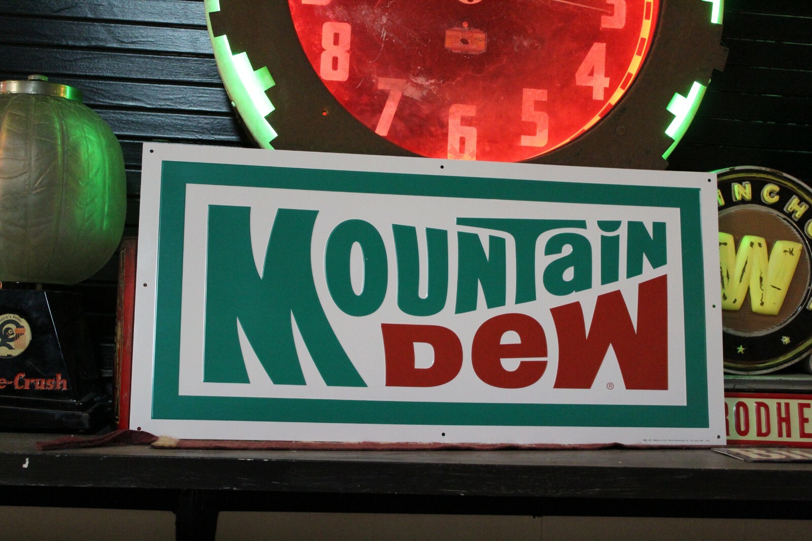 MOUNTAIN DEW SODA POP EMBOSSED METAL SIGN BOTTLE COKE FOUNTAIN GARAGE BILLY