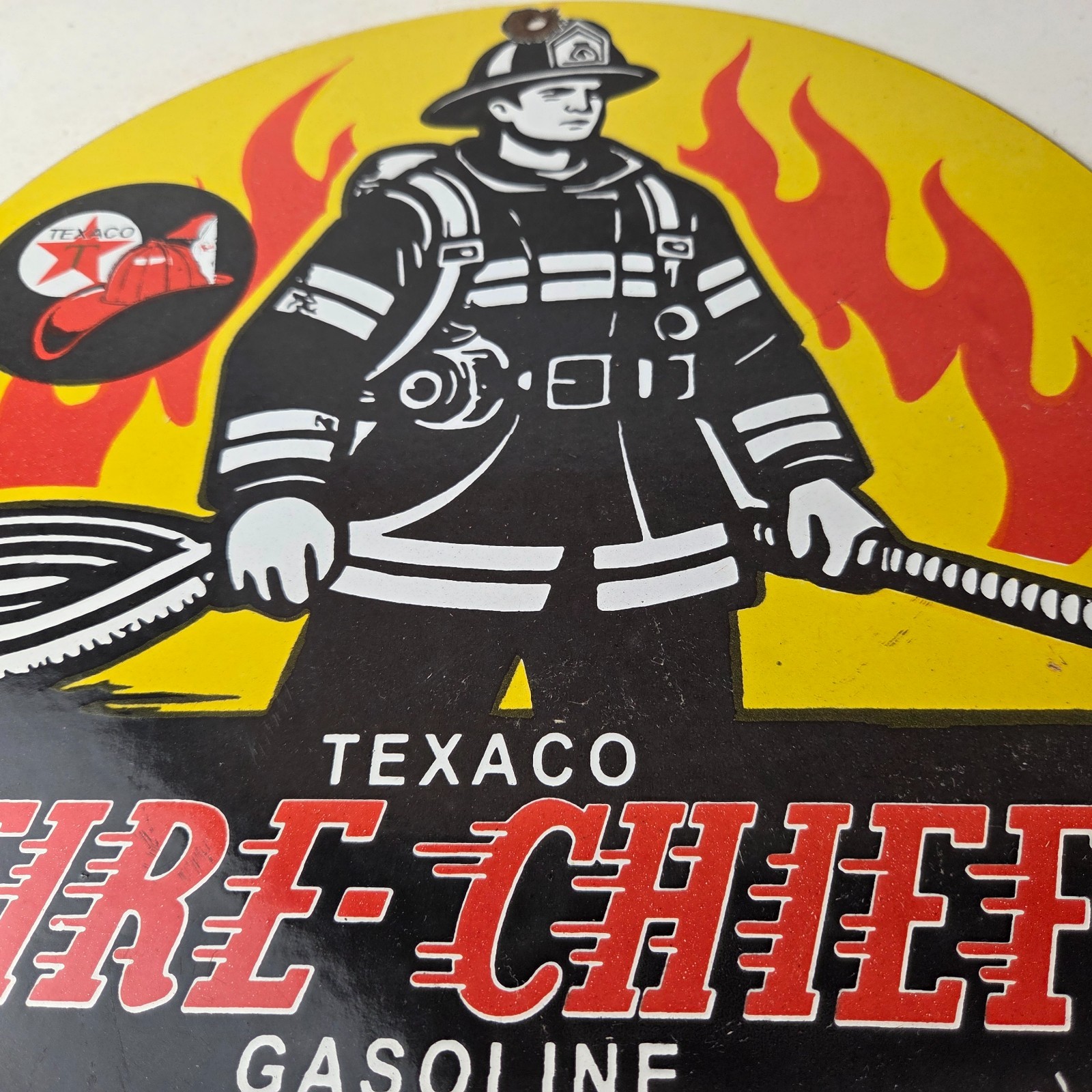 Vintage Texaco Gasoline Sign – Fire Chief Fire Fighter Service Porcelain Sign
