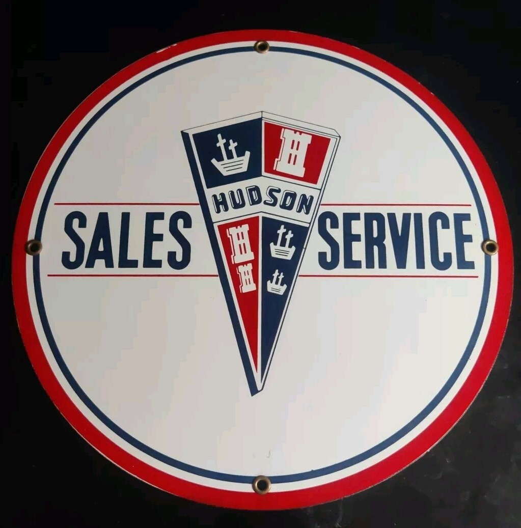Vintage Hudson Sales & Service Round Porcelain Coated Metal Sign 11.75 Inch