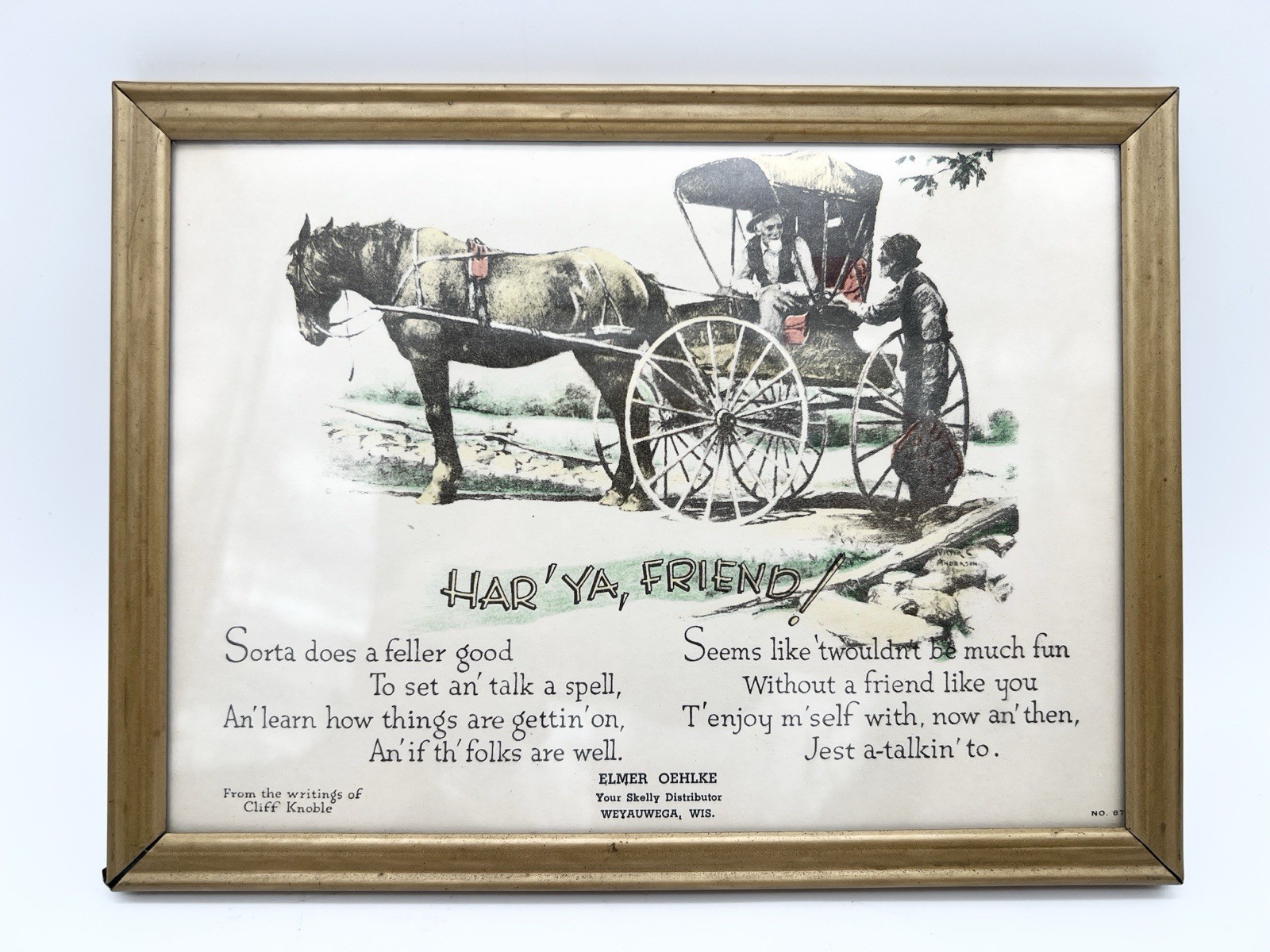 Vintage Skelly Oil Advertising Framed Sign Har’ Ya Friend Weyauwega WI
