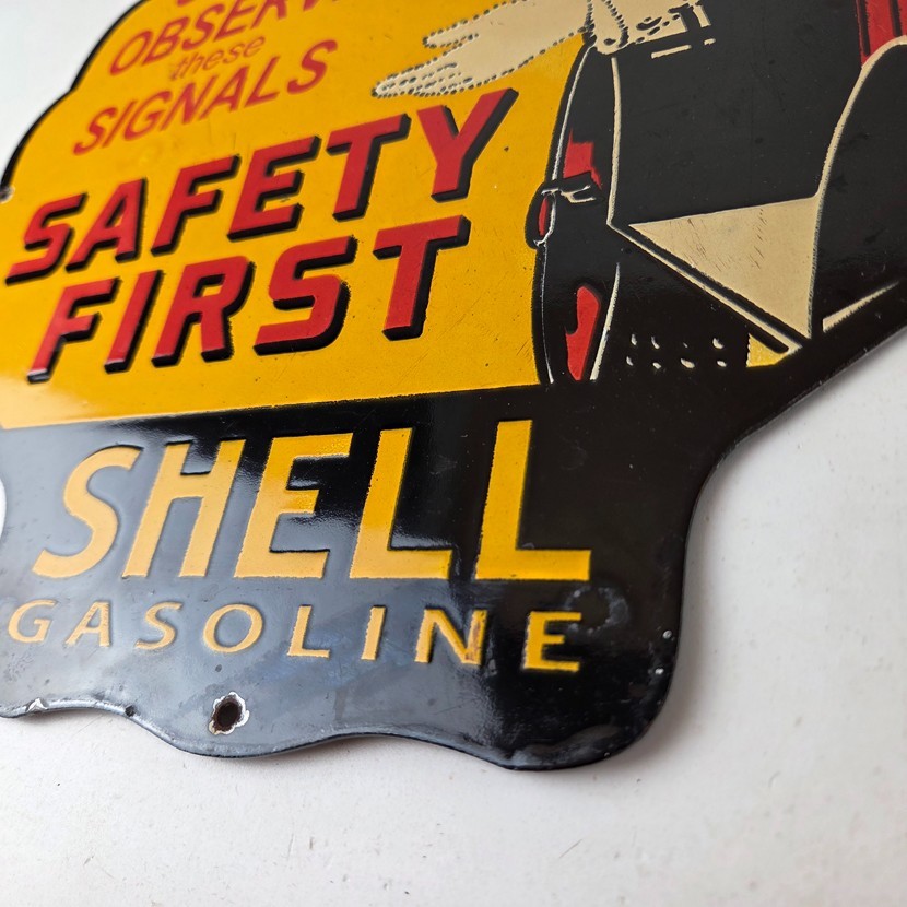 Vintage Shell Gasoline Sign – Safety First Porcelain Gas Pump Plate Sign