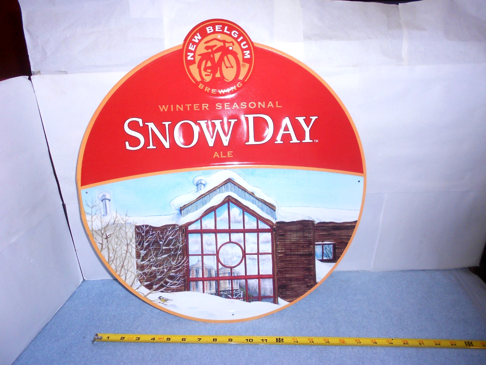VINTAGE 18 in NEW BELGIUM SNOW DAY ALE -BEER ADV. SIGN EMBOSSED TIN METAL – X21