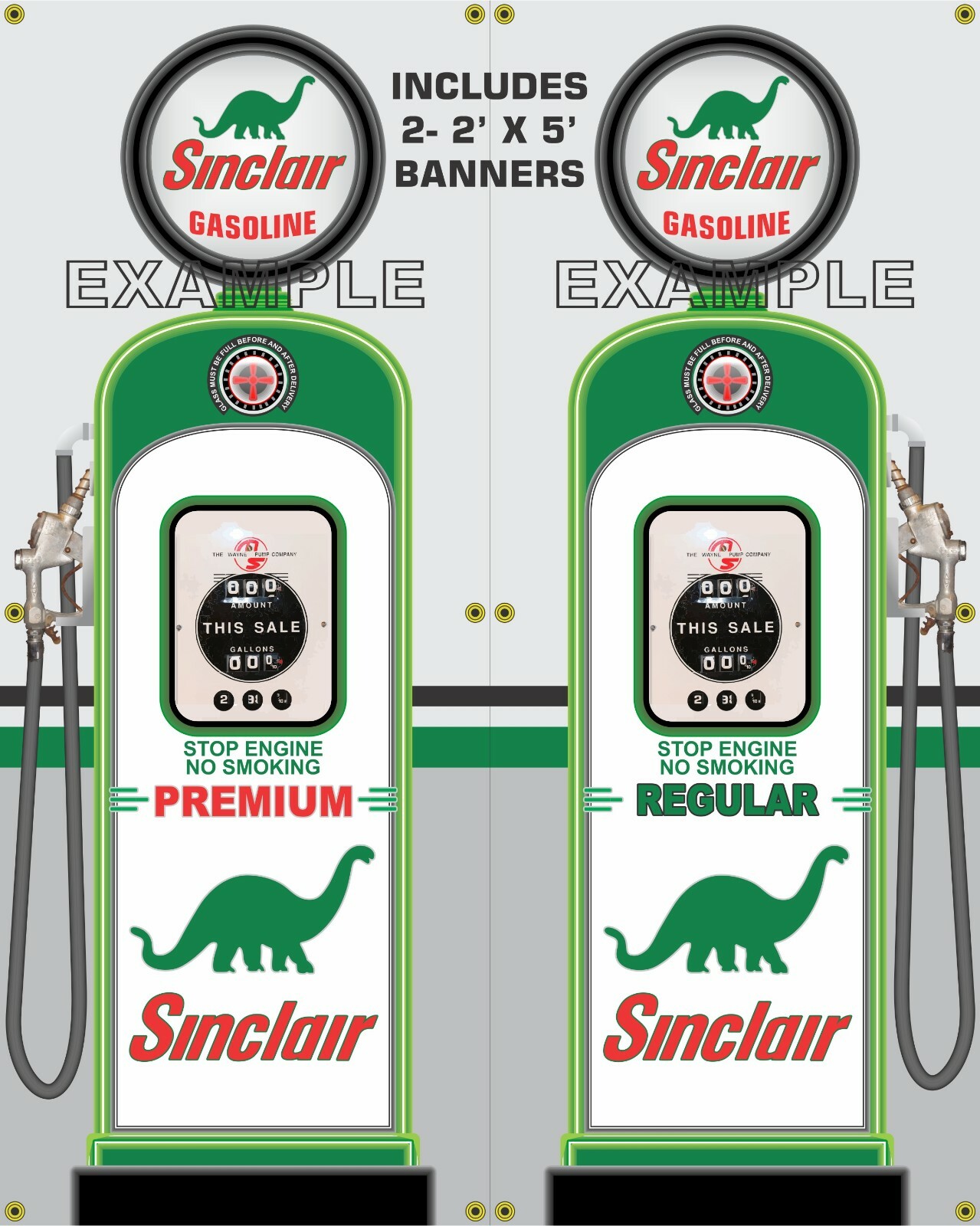 SINCLAIR GAS PUMP WAYNE 50s STYLE REGULAR PREMIUM OR SET 2 X 5 REMAKE BANNER ART